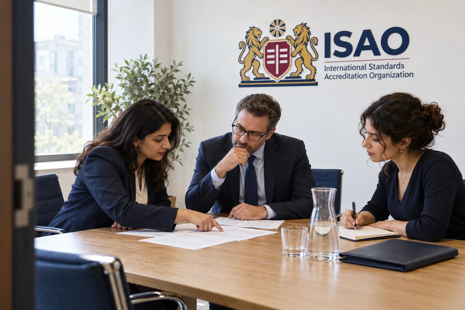 Concept meeting room: three people in navy business clothes review printed documents at a wooden table below the ISAO logo on the wall.