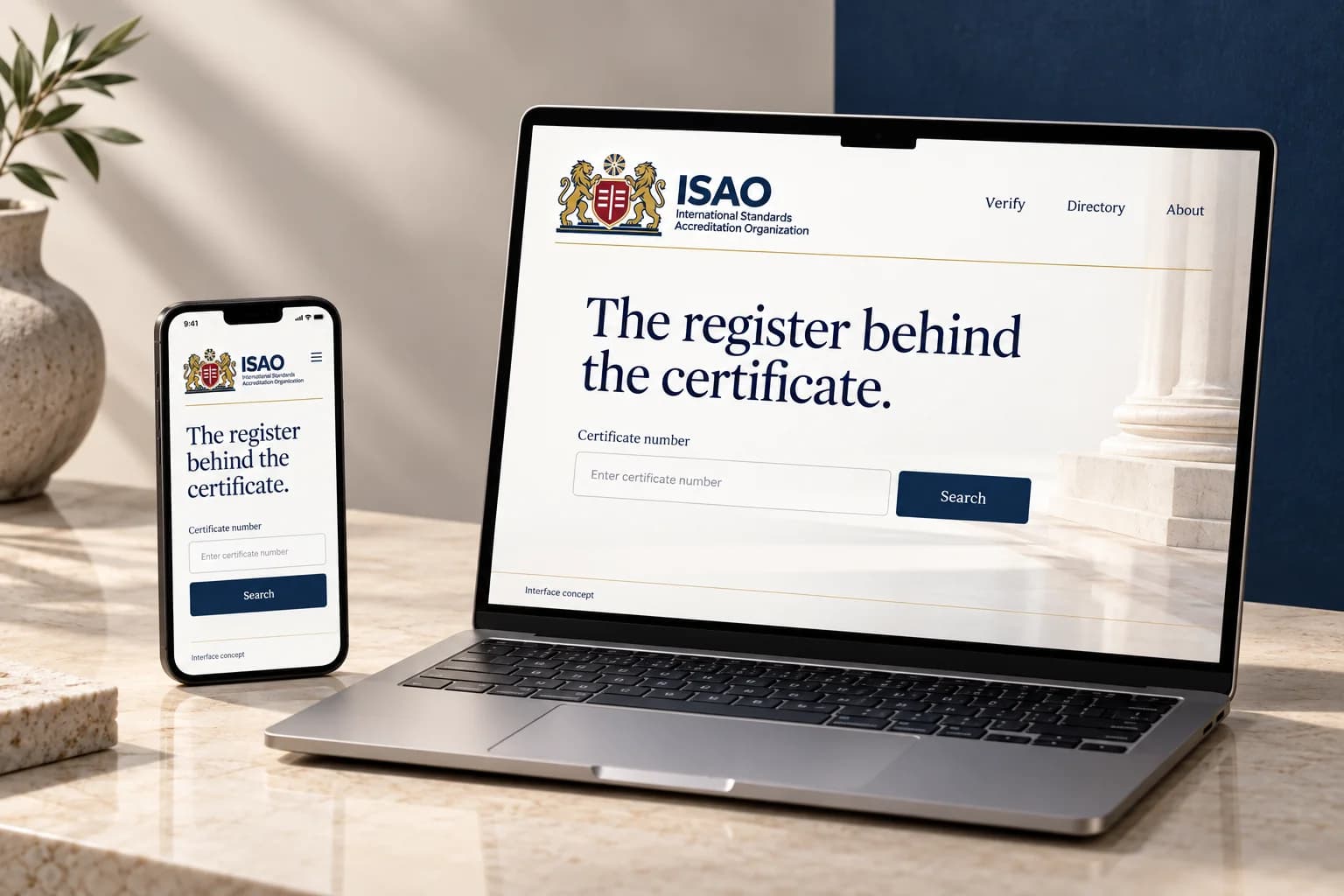 A laptop and a phone showing a concept ISAO search page headed “The register behind the certificate.” with a certificate number field.