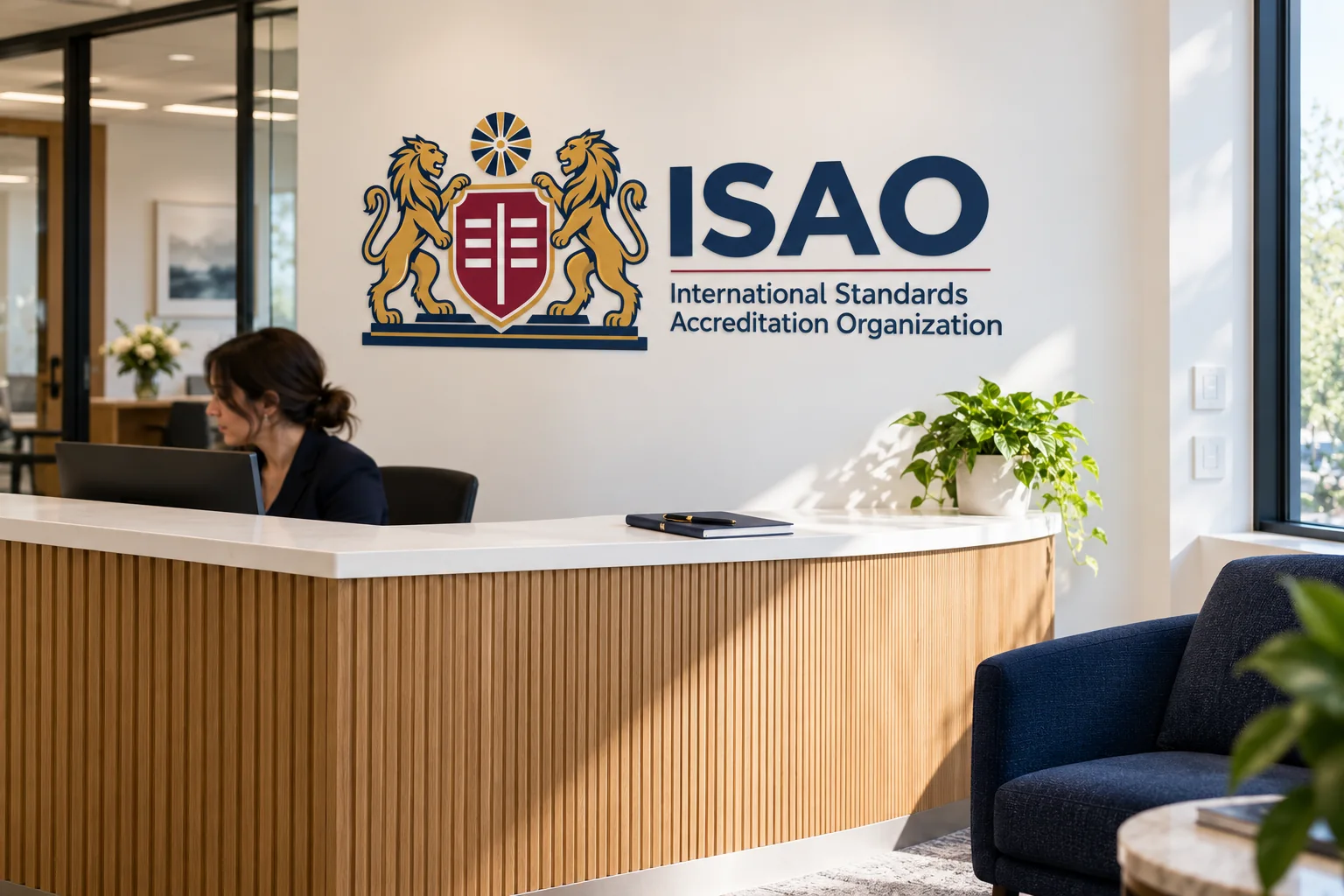 Concept reception: the ISAO logo on a white wall above an oak-slatted desk where a receptionist works, with a navy armchair in front.